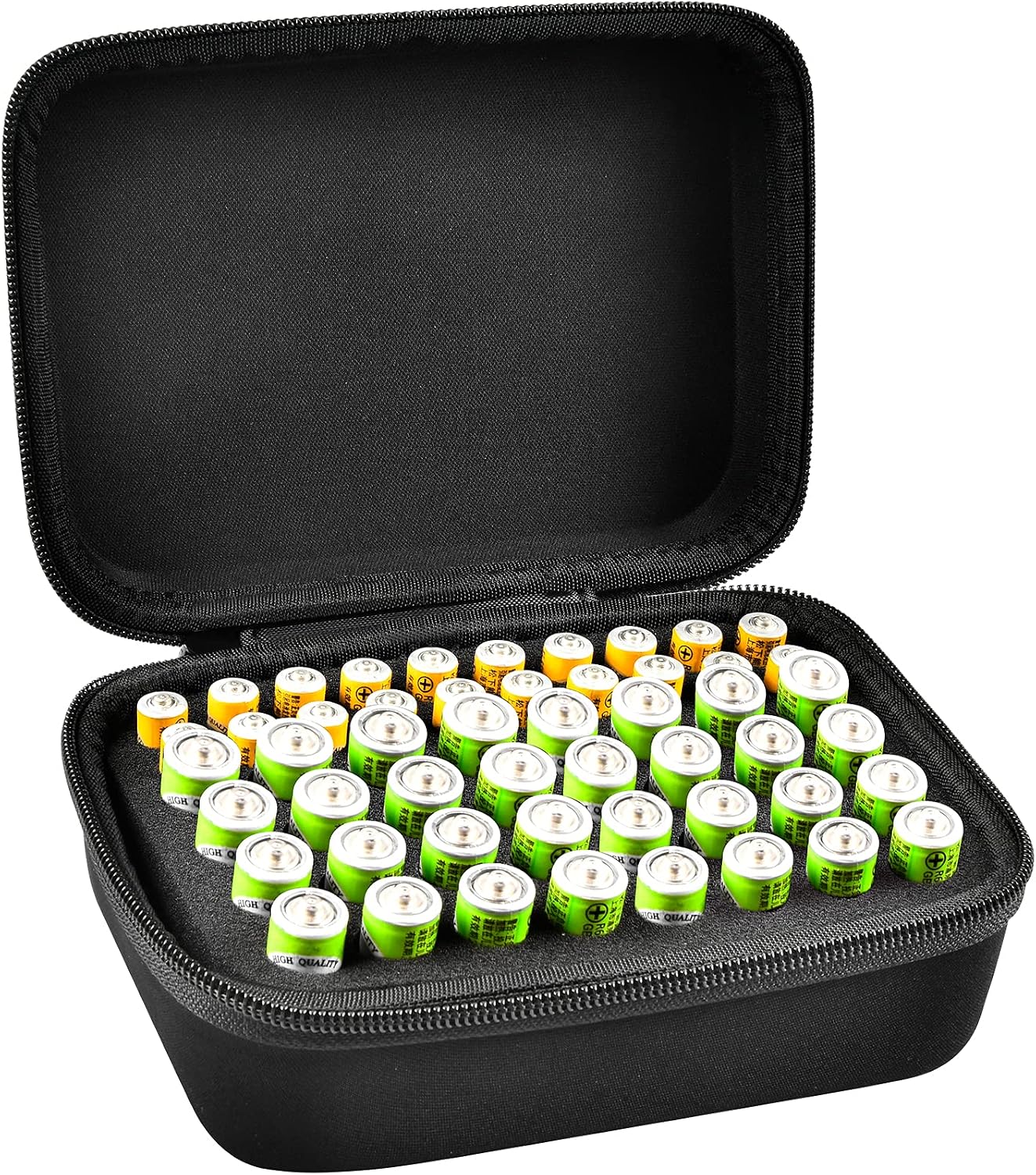 Comecase Battery Storage Case with Tester, Holds 148+ AA AAA C D 9V, Black | Hard-Shell Design, Carry Handle and Custom Foam Slots Keep Batteries Visible, Separated and Ready for Home, Garage or Office