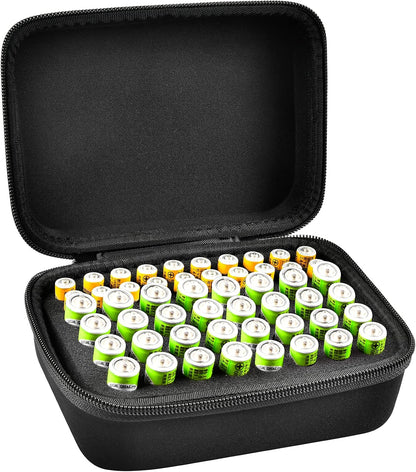 Comecase Battery Storage Case with Tester, Holds 148+ AA AAA C D 9V, Black | Hard-Shell Design, Carry Handle and Custom Foam Slots Keep Batteries Visible, Separated and Ready for Home, Garage or Office