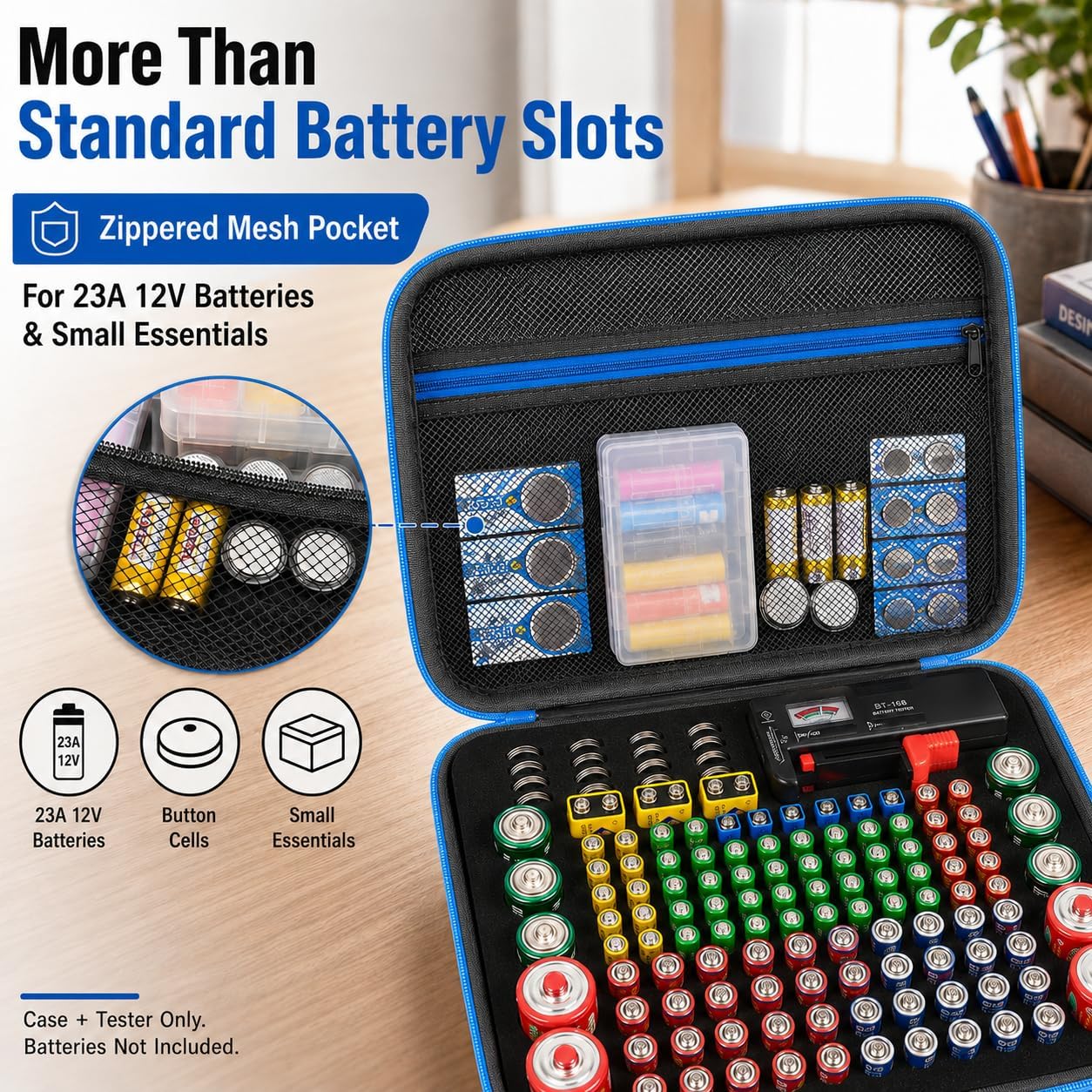 ALKOO 136+ Battery Organizer Storage Case with BT-168 Tester | AA AAA C D 9V & Button Cells Batteries Holder Box, Foam Protection, Home / Garage / Drawer Organization, Case Only, Red