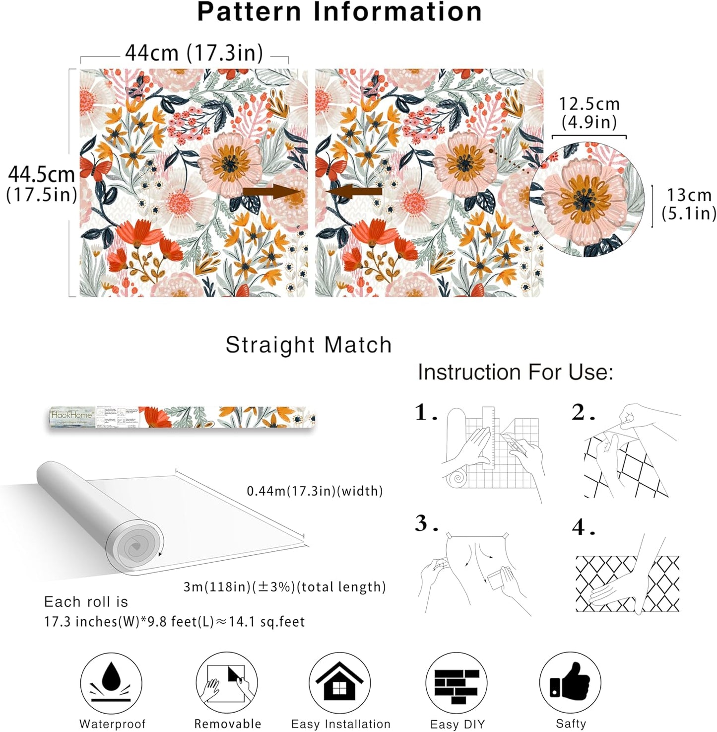HAOKHOME Boho Peel and Stick Wallpaper Floral Wall Paper Removable for Bedroom Navy/Pink/Orange Contact Paper 17.7in x 9.8ft