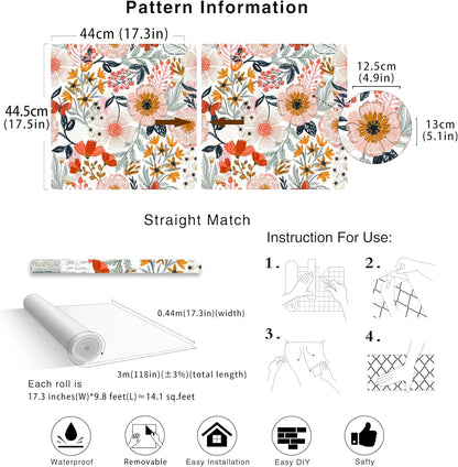 HAOKHOME Boho Peel and Stick Wallpaper Floral Wall Paper Removable for Bedroom Navy/Pink/Orange Contact Paper 17.7in x 9.8ft