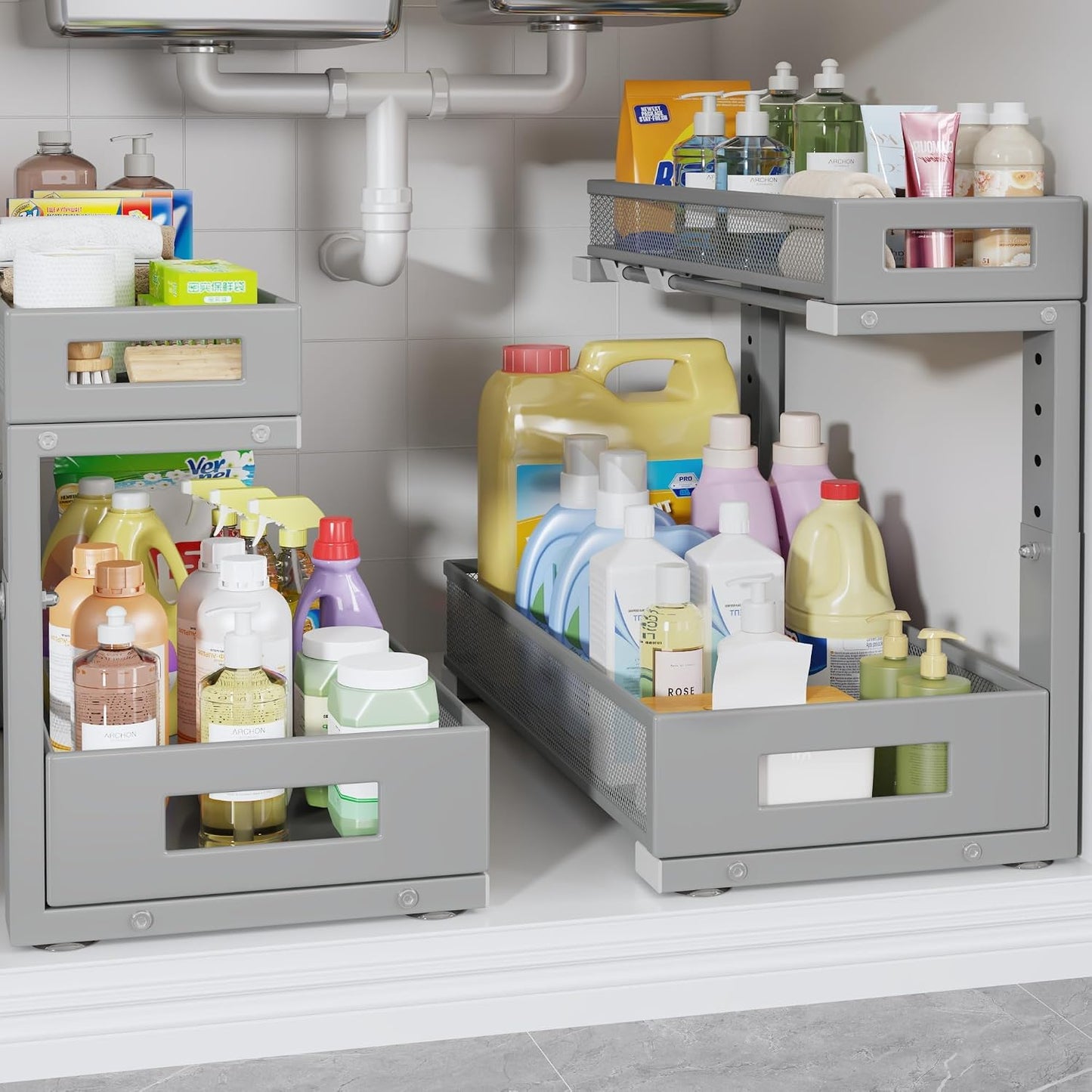 2-Pack Under Sink Storage Organizer, Large 2-Tier Elegant Mesh Pull Out Shelf for Kitchen and Bathroom Cabinet Organization, L-Shaped and Adjustable Height Design,Patent Pending-Black