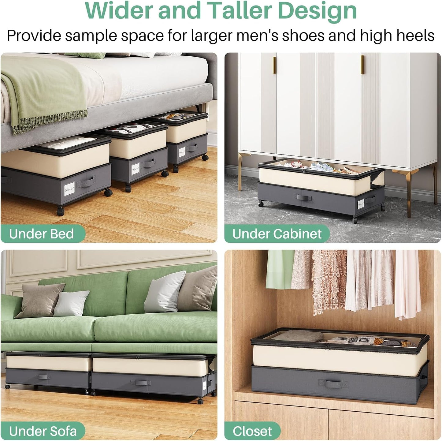 Kitstorack Under Bed Storage with Wheels 2Pack Height-adjustable Under Bed Storage Containers,Under Bed Shoe Storage Organizer with Clear Window&Label, Suitable for Clothes Storage, Gray
