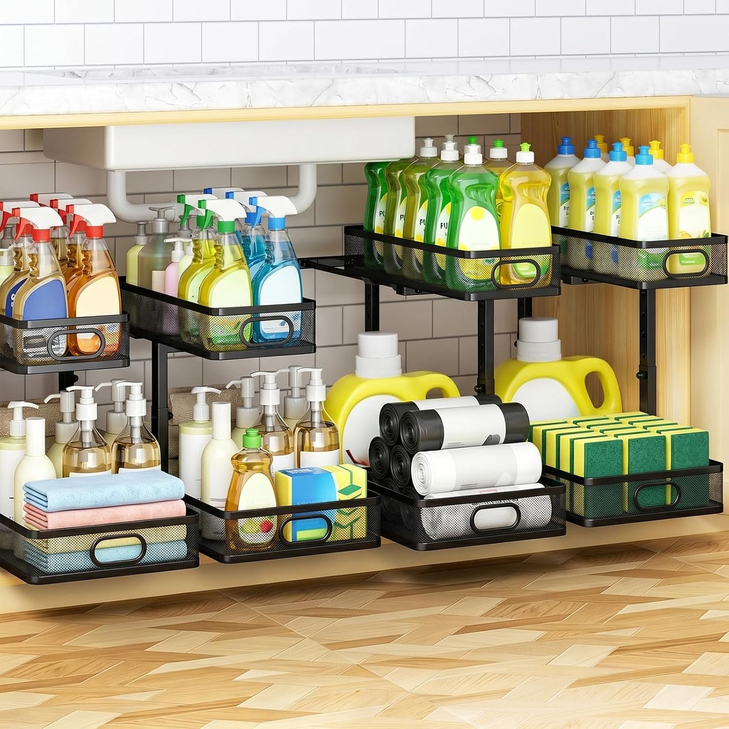 Under Sink Organizer 2-Pack, Metal 2-Tier Pull-Out Cabinet Shelf with Slide-Out Mesh Drawers, Height Adjustable, Space-Saving Under Sink Storage Racks for Kitchen, Bathroom, Laundry Room