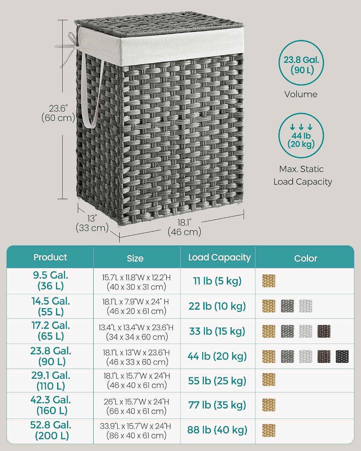 SONGMICS Laundry Hamper with Lid, 23.8 Gallon (90 L) Synthetic Rattan Clothes Laundry Basket with Lid and Handles, Foldable, Removable Liner, Chestnut Brown ULCB051K02