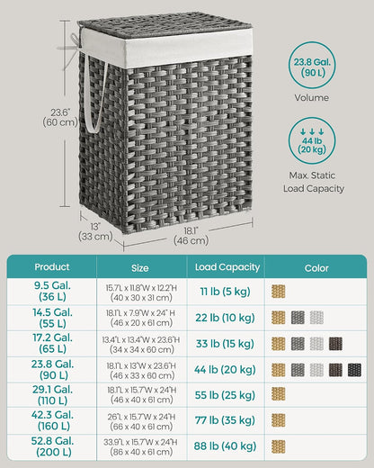 SONGMICS Laundry Hamper with Lid, 23.8 Gallon (90 L) Synthetic Rattan Clothes Laundry Basket with Lid and Handles, Foldable, Removable Liner, Chestnut Brown ULCB051K02