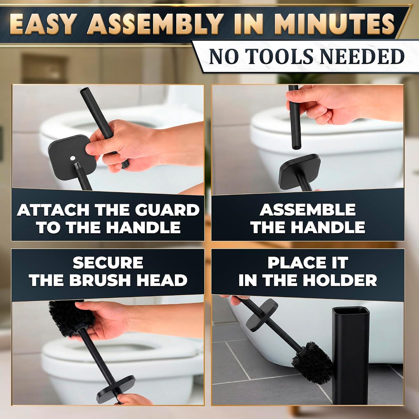 Black Toilet Brush and Holder Set - Slim Matte Design that Fits Anywhere - Stainless Steel Toilet Bowl Brush and Holder with 2 Rounded Corners, Replaceable Head, Removable Inner Bowl & Splash Guard