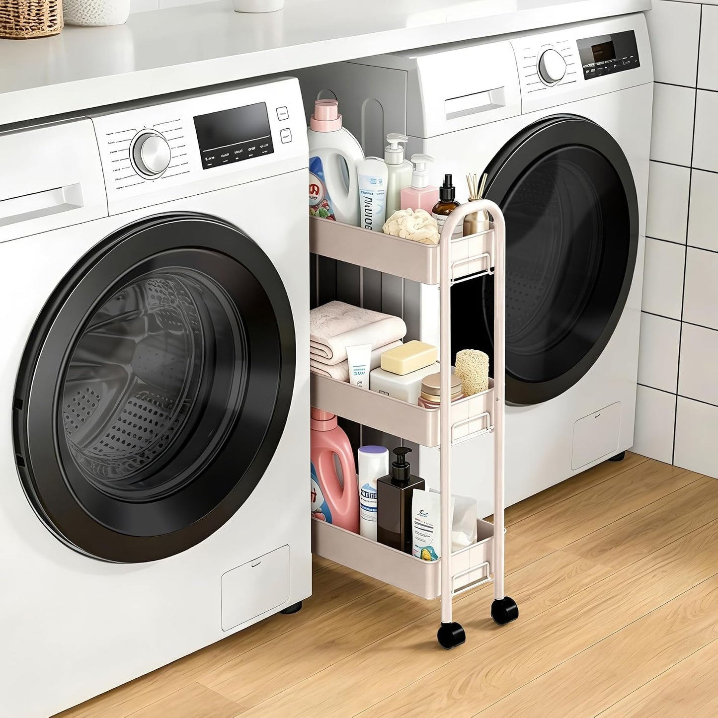 Slim Rolling Cart, Metal Frame Utility Rolling 3-Tier Narrow Storage Cart with Handle Kitchen Storage Organizer, Mobile Shelving Unit for Bathroom Kitchen