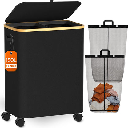 Double Laundry Hamper with Lid and Wheels, 150L Large Laundry Basket with 2 Sections & Removable Liner Bags, Rolling Dirty Clothes Basket with Handles for Bedroom, Bathroom, Dorm, College