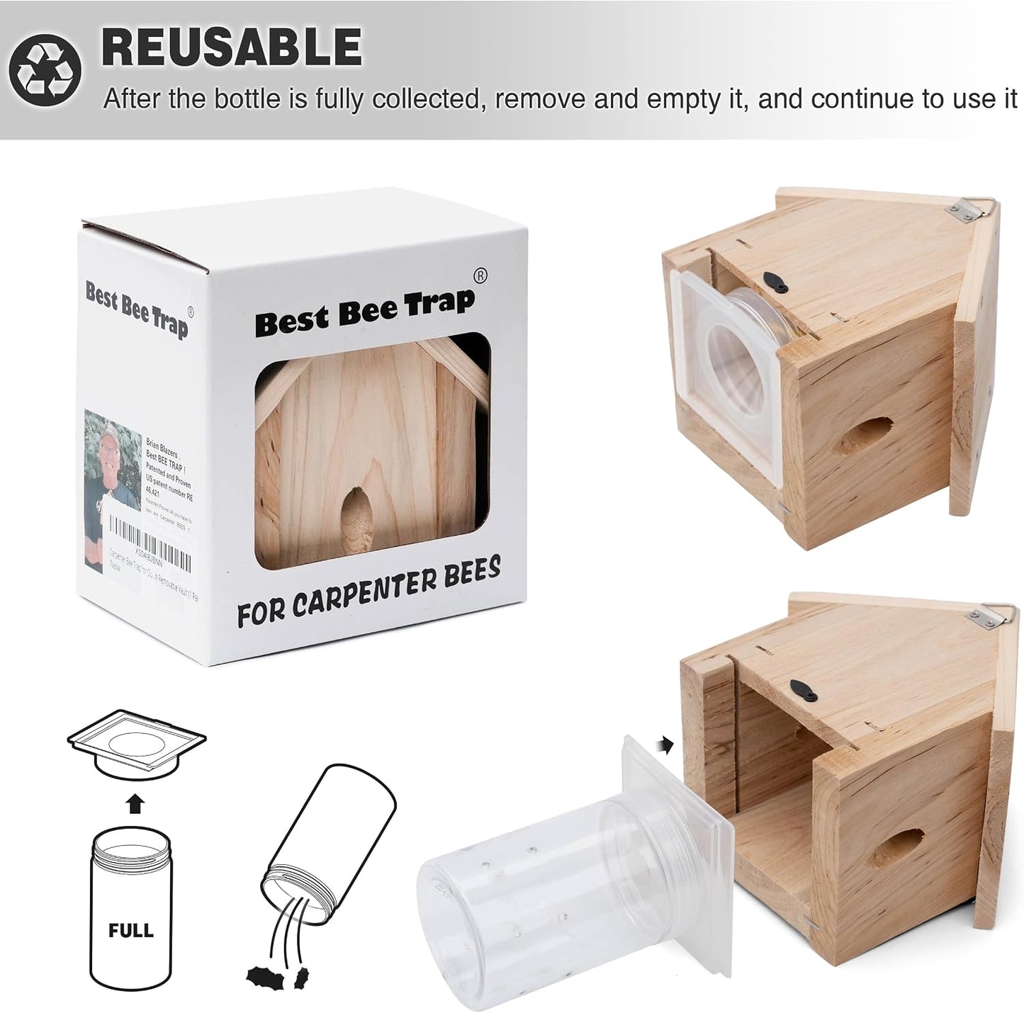 Best Bee Trap - Professional Carpenter Bee Trap for Outside - Cabin Style Nature Hanging Wood Trap for Outdoor with Removable Bee Vault (2 Pack)