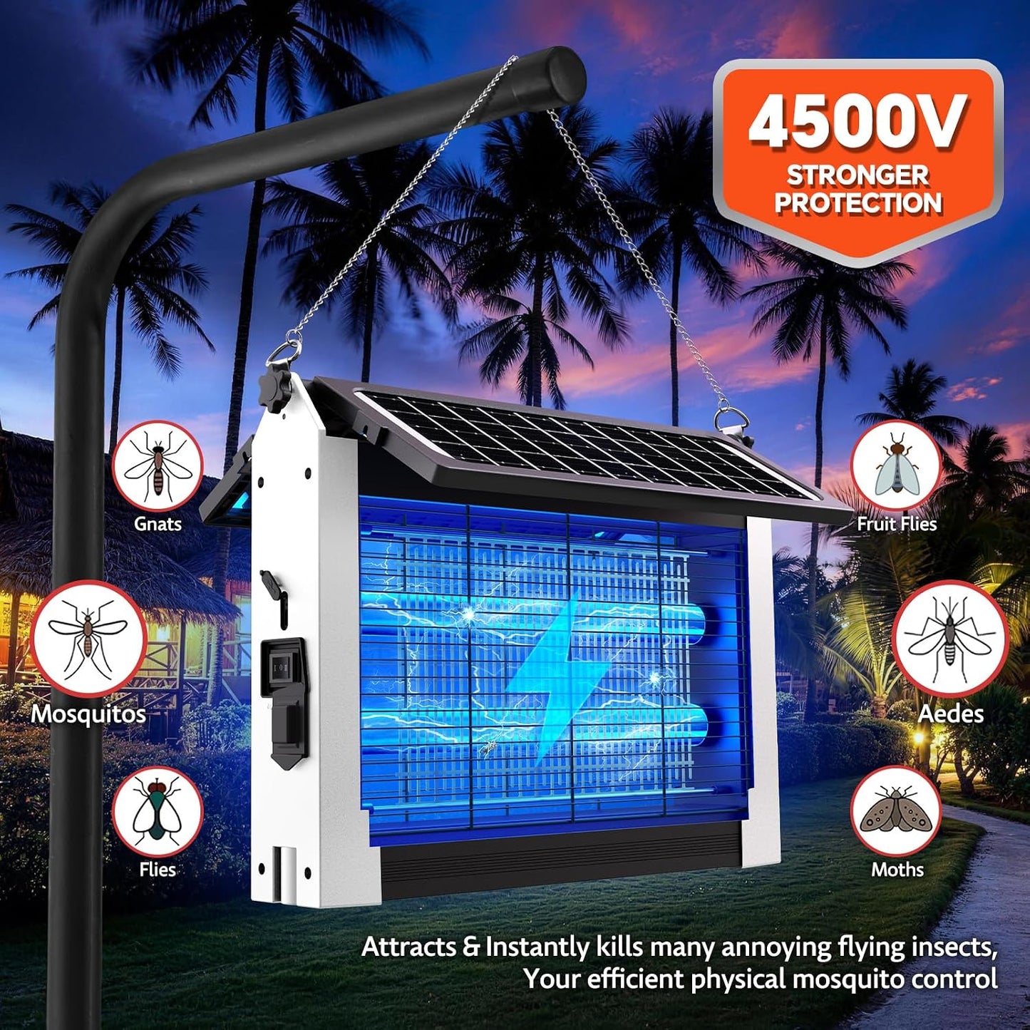 Solar Bug Zapper Outdoor, Dual Solar Panels, 4500V Waterproof Portable Mosquito Zappers, Cordless Fly Trap w/Auto Mode, Rechargeable Mosquitoes Insect Killer for Patio Yard Camping Garage(White)