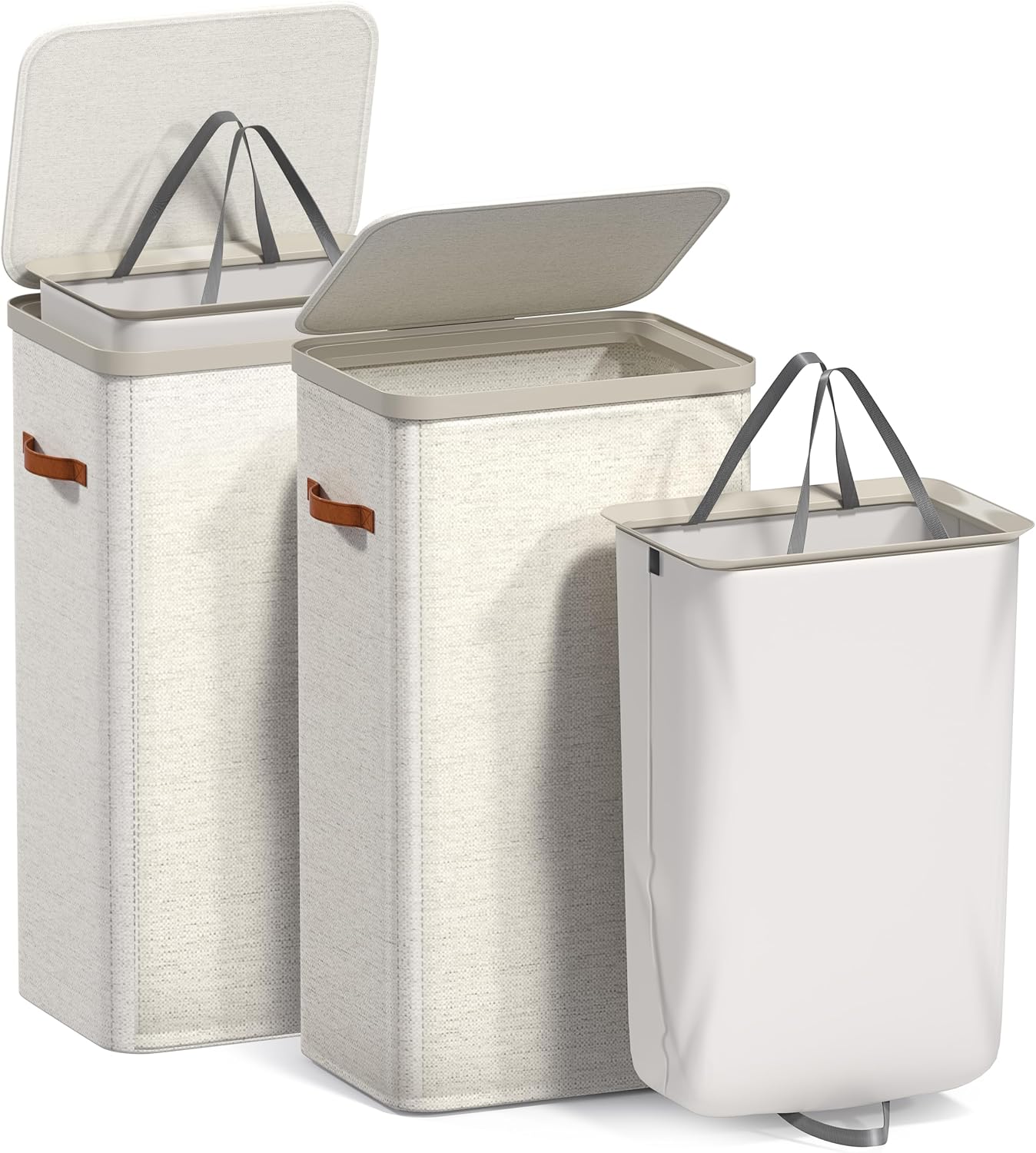 Sorbus Laundry Hamper with Lid - Collapsible 3-Compartment Fabric Laundry Basket with Handles and Removable Laundry Bag – 50 Gallon (190 L) Dirty Clothes Hamper for Bedroom, bathroom and dorm (Beige)