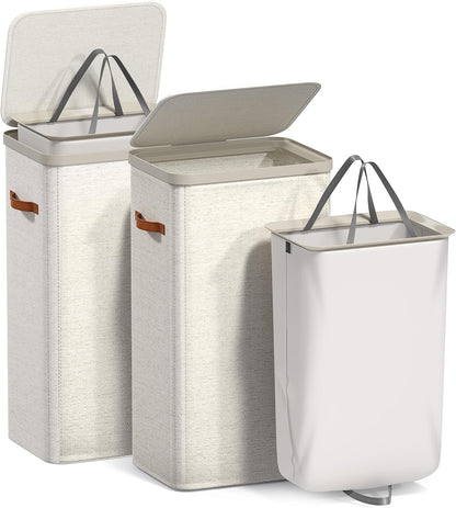 Sorbus Laundry Hamper with Lid - Collapsible 3-Compartment Fabric Laundry Basket with Handles and Removable Laundry Bag – 50 Gallon (190 L) Dirty Clothes Hamper for Bedroom, bathroom and dorm (Beige)