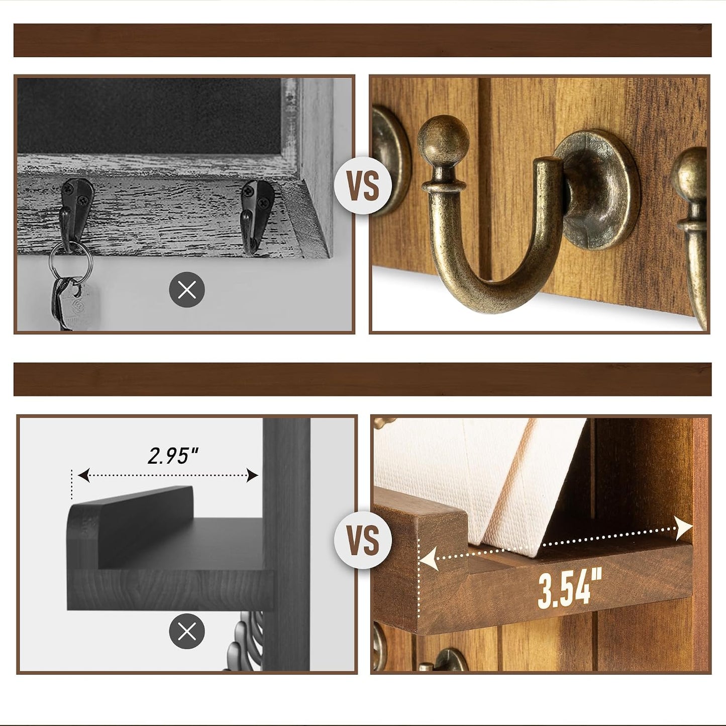 Rebee Vision Decorative Key Holder Wall Mount - Rustic Key Holder for Wall with Shelf and Mail Organizer for Living Room Decor - Home Essentials for Home Improvement (Brown, 3.54" x 10" x 7.28")
