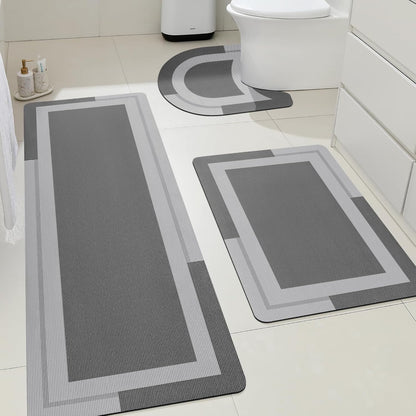ACCUMTEK Non Slip Bath Mat, Thin Bathroom Rugs Fit Under Door, Quick Dry Bath Mats, Machine Washable Bath Rugs for Bathroom, Bathtub & Kitchen, Grey/Bordered/24 x17