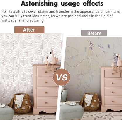 MelunMer 118In L 17.3In W Modern Peel and Stick Wallpaper Boho Contact Paper for Cabinets/Drawers Self Adhesive Removable Wallpaper for Bedroom/Bathroom Waterproof Geometric Contact Paper Beige/White