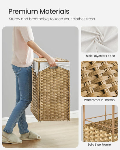 SONGMICS Laundry Hamper with Lid, 37 Gallons (140 L), Rolling Laundry Basket with Wheels, 3-Section Synthetic Rattan, Removable Liner, Bedroom, 26 x 13 x 26 Inches, Gray ULCB363G01