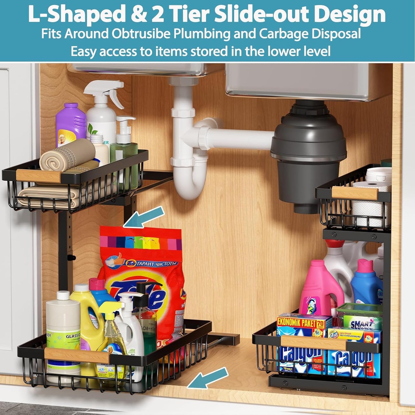 Liuoud Under Sink Organizer 2 Pack, 2 Tier Slide Out Large Capacity Height Adjustable Under Sink Organizers and Storage for Kitchen Bathroom Cabinet, White