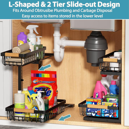 Liuoud Under Sink Organizer 2 Pack, 2 Tier Slide Out Large Capacity Height Adjustable Under Sink Organizers and Storage for Kitchen Bathroom Cabinet, White