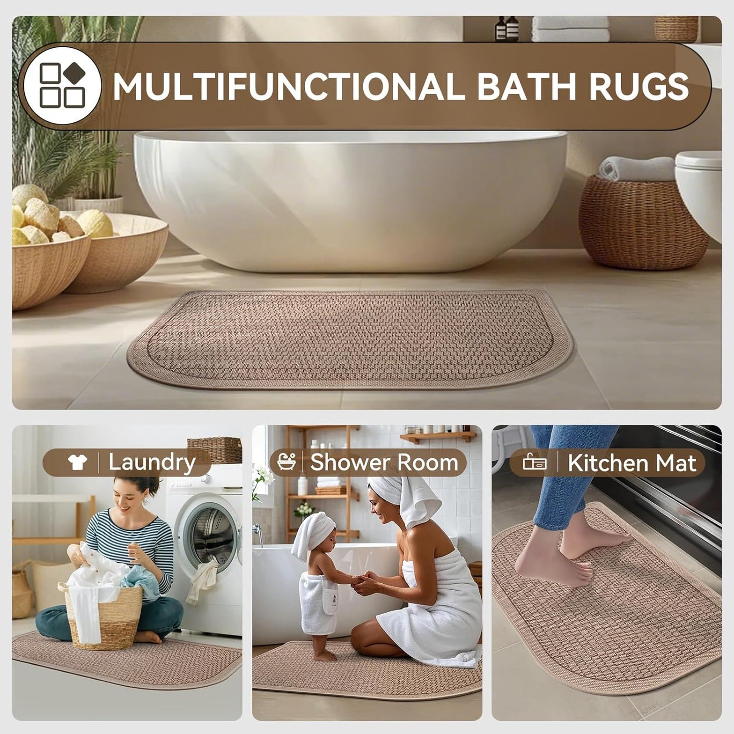 YDKGL Ultra Thin Bathroom Rugs Mat Quick Dry Absorbent Non Slip Bath Mat Bath Mats for Bathtub Mat Bathroom Carpet Fit Under Door Washable Floor Rubber Half Round Bath Rugs Grey 16x24