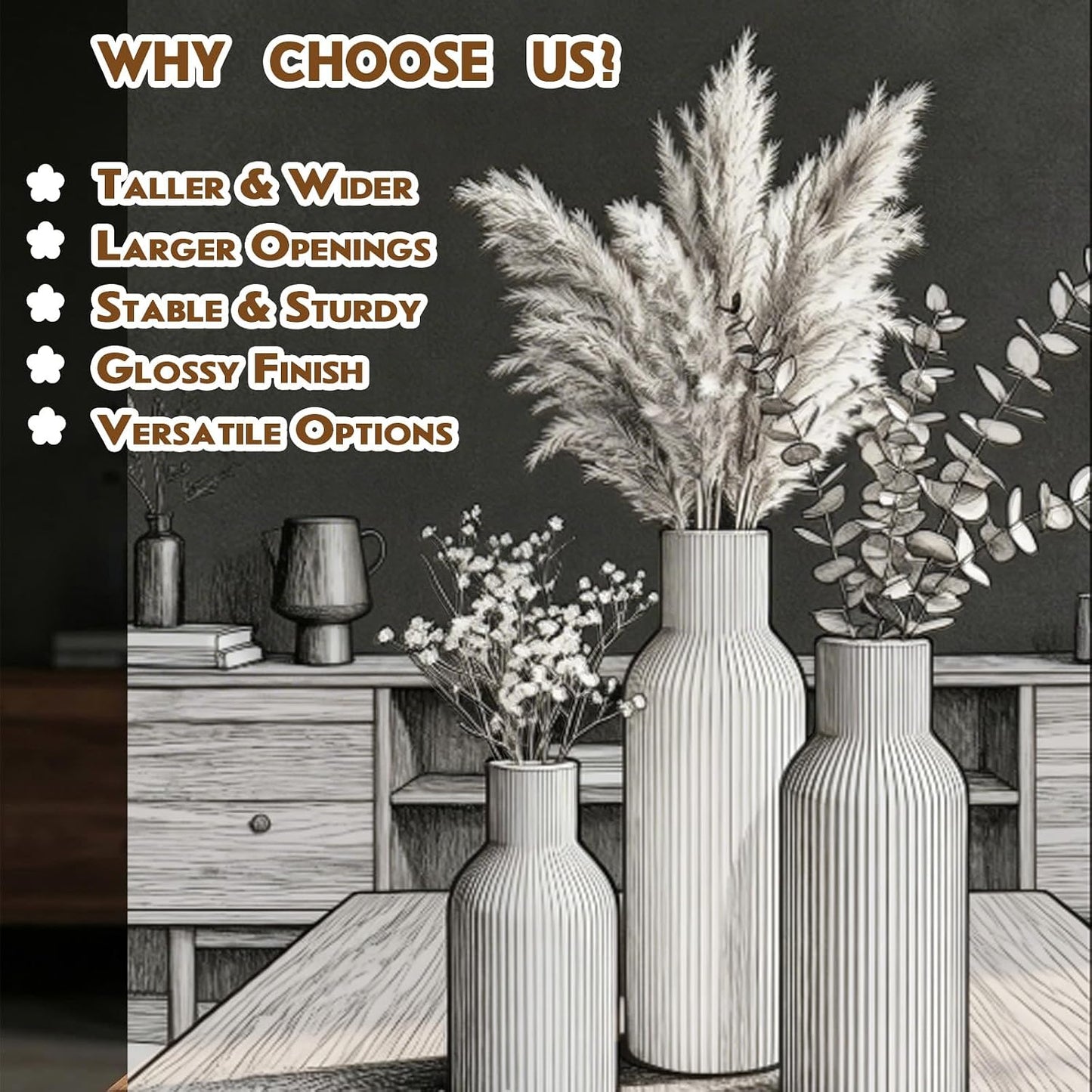 White Ceramic Flower Vases Set of 3, Modern Matte Vertical Ribbed, Nordic Minimalist Decor for Pampas, Dried & Fresh Flowers, Centerpiece for Living Room, Shelf, Entryway, Wedding,Office