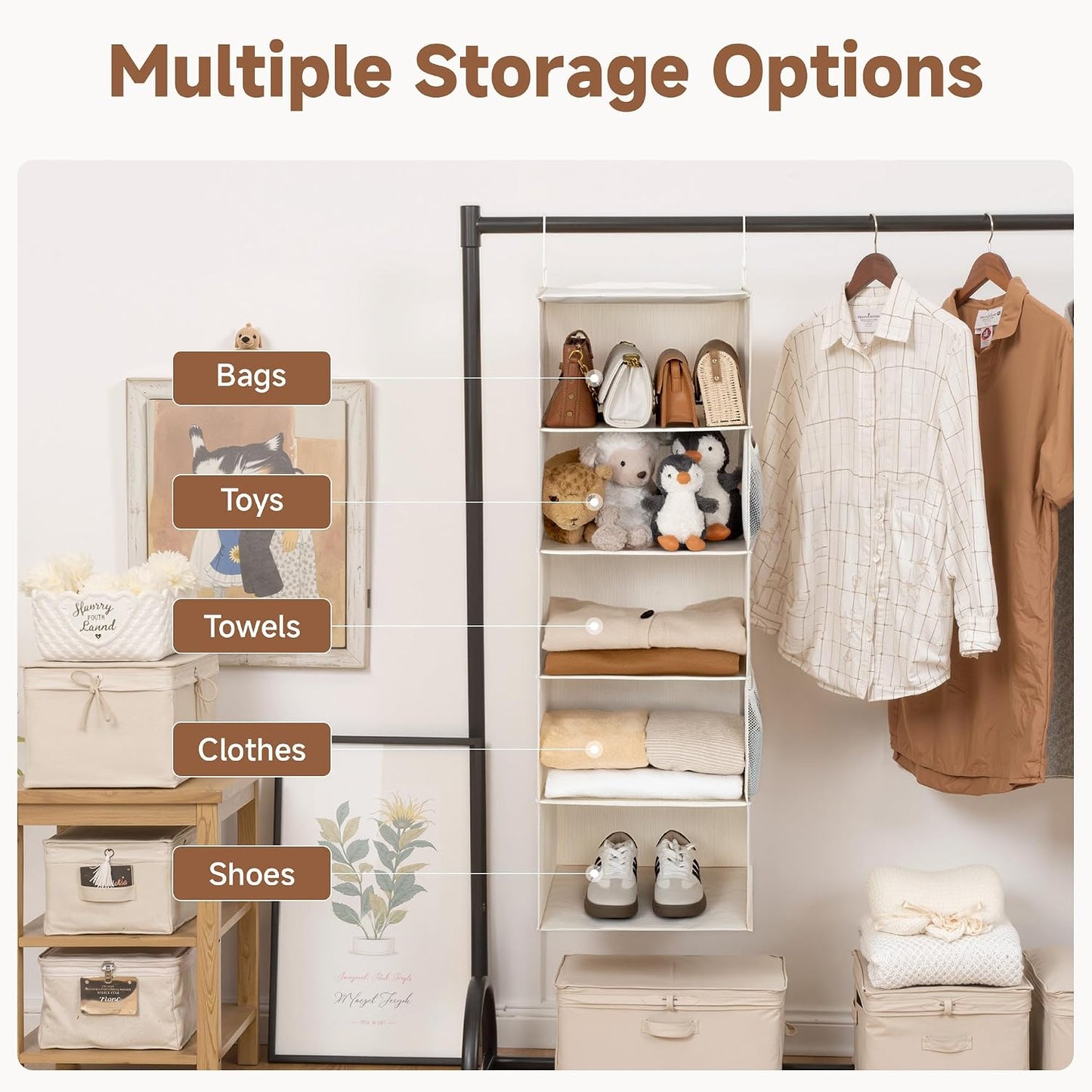 StorageWorks 6-Shelf Hanging Closet Organizer, Hanging Shelves for Closet, Fabric, Mixing of Beige, White & Ivory, 12" D x 12" W x 47 1⁄2" H