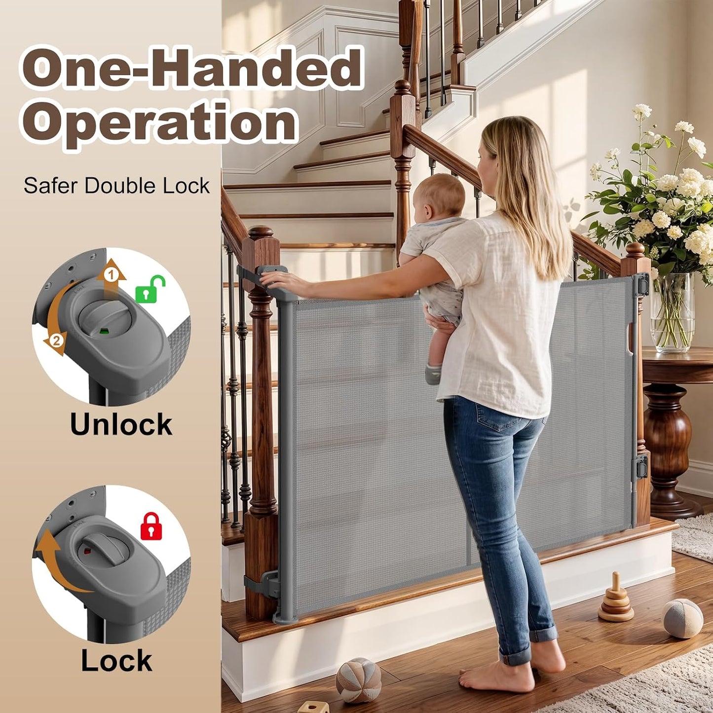 Upgraded Retractable Baby Gates for Stairs & Banister, Mesh Dog Gate Indoor, Extends to 55" Wide 33" Tall, Child Safety Gate for Stairway, Banister & Wall Mount (White)