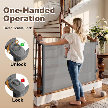 Upgraded Retractable Baby Gates for Stairs & Banister, Mesh Dog Gate Indoor, Extends to 55" Wide 33" Tall, Child Safety Gate for Stairway, Banister & Wall Mount (White)
