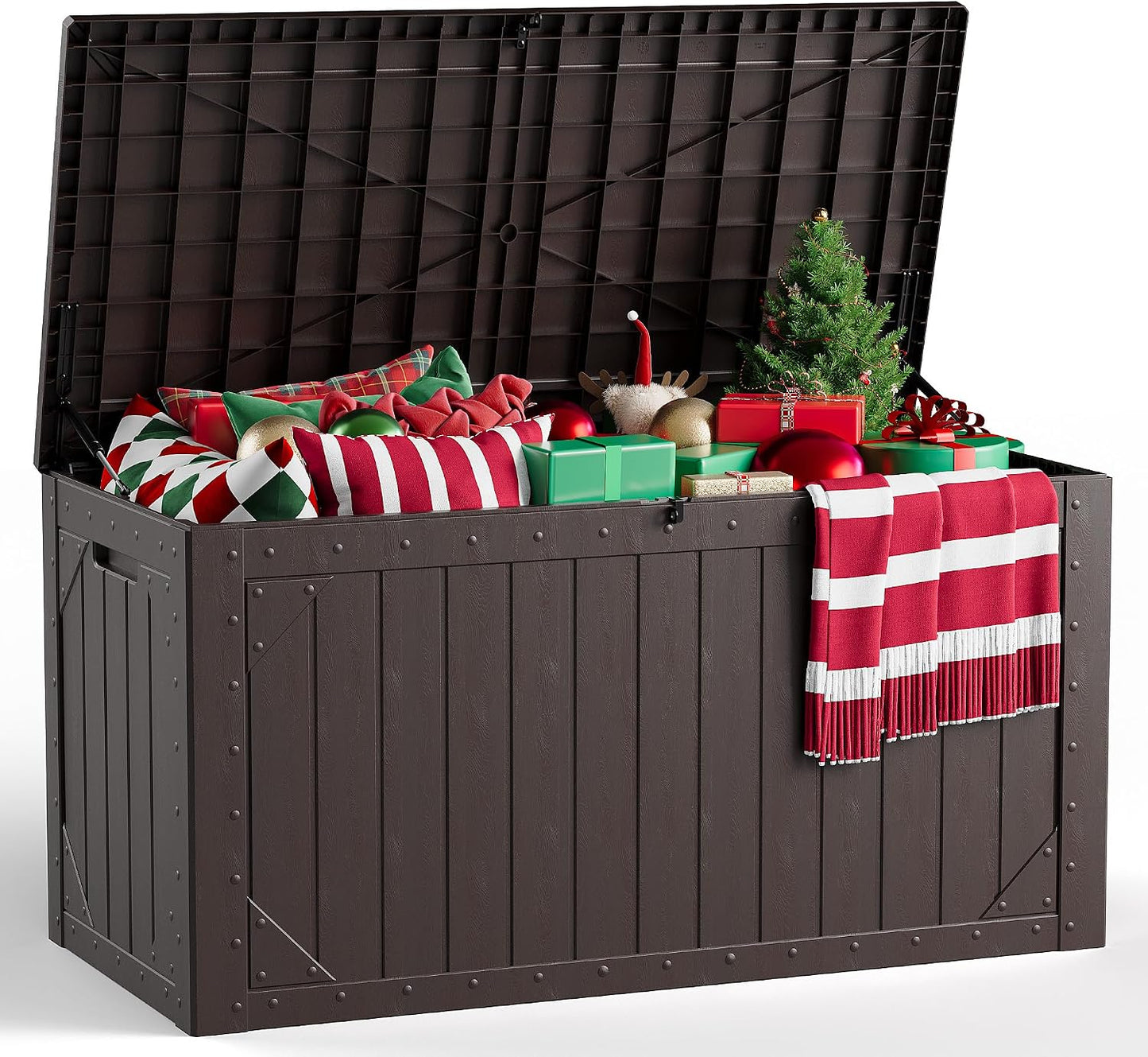 Outdoor Storage Box, 98 Gallon Deck Box, Outdoor Storage Bench, Waterproof Resin Storage Bench with Lockable Lid, Patio Furniture Cushions & Garden Tools Storage, UV Resistant (Black)
