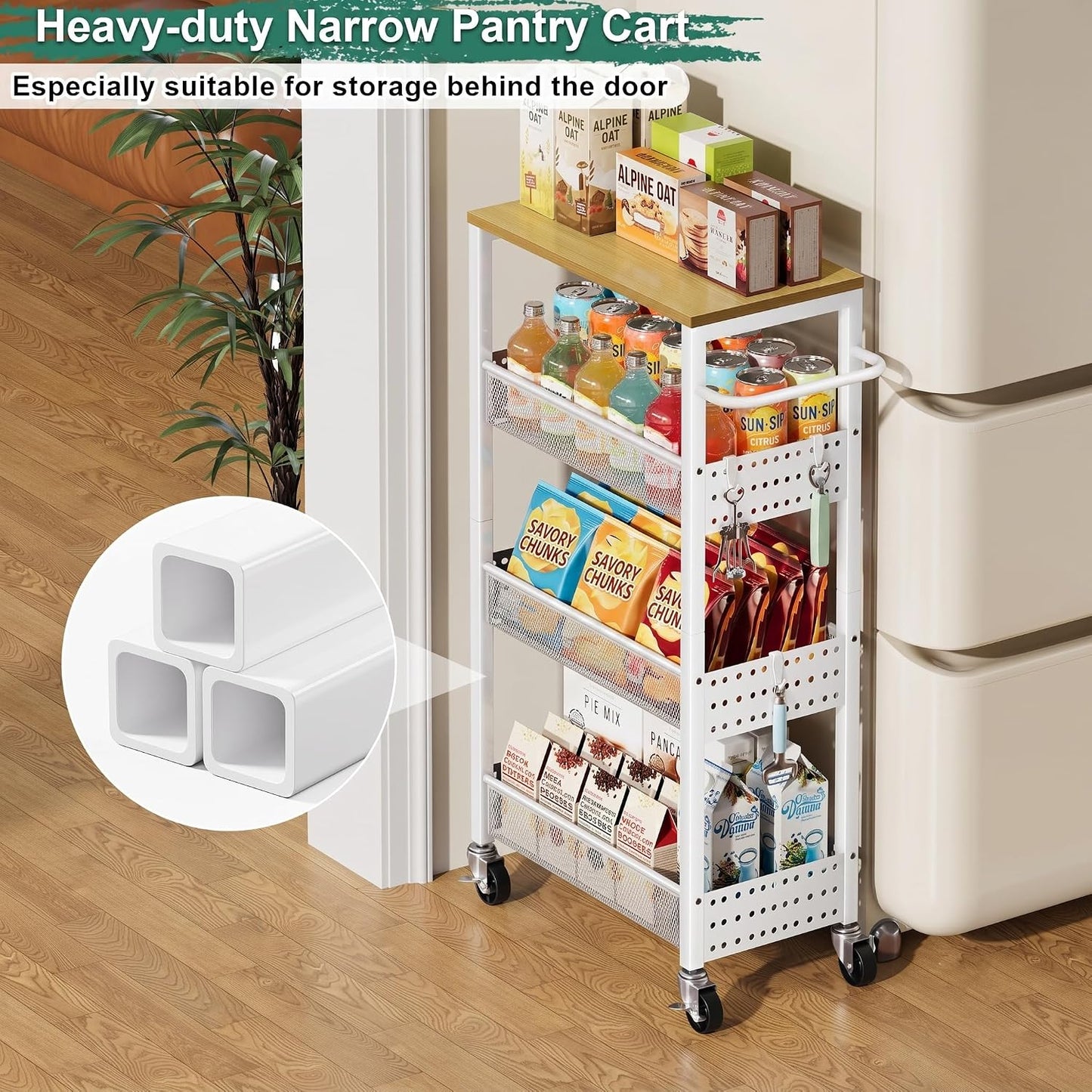 Utility Slim Storage Cart, 4-Tier Narrow Bathroom Organizers and Storage Cart, Narrow Metal Kitchen Laundry Room Organization Shelf with Wood Top, Slim Rolling Carts with Wheels for Small Space