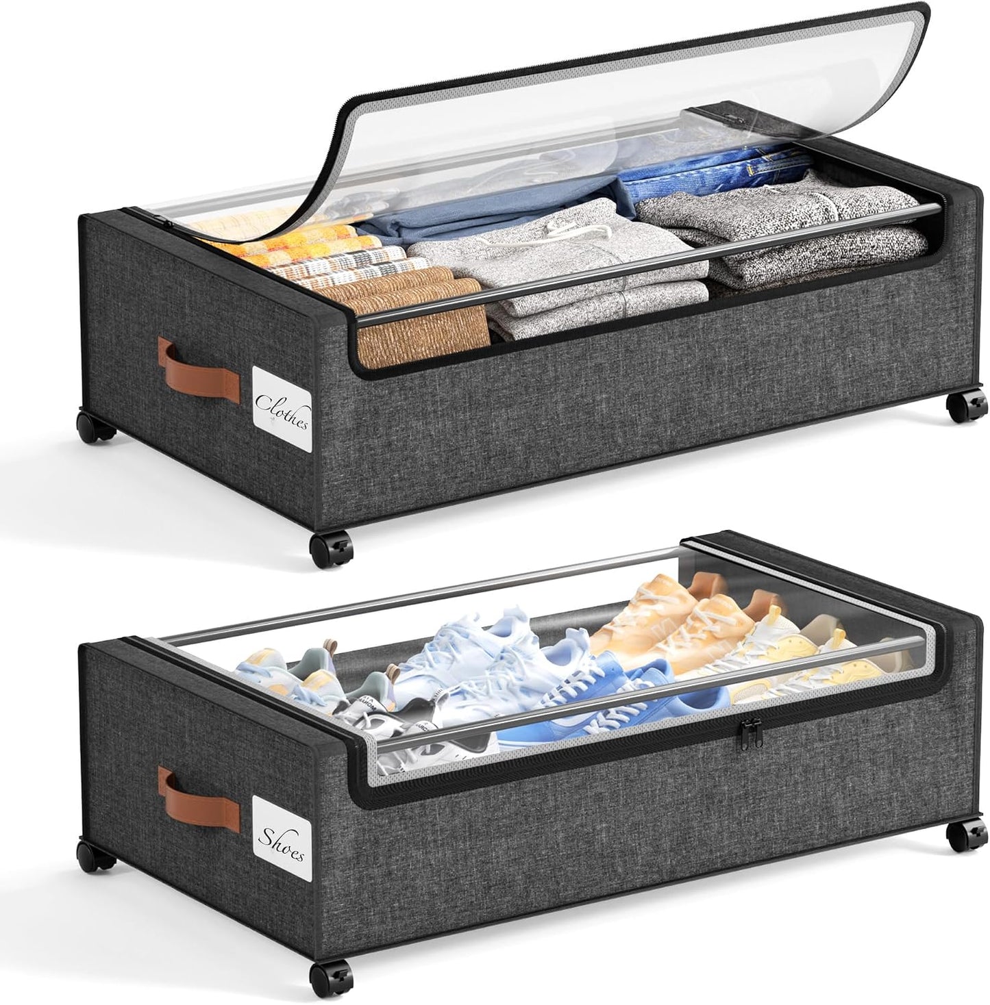 Yecaye Under Bed Storage with Wheels, 2 Pack Under Bed Storage Containers, 60L Underbed Shoe Storage with Clear Window & Label, Rolling Under Bed Metal Drawer for Clothes, Shoes, Books, Blankets