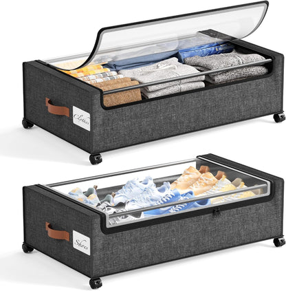 Yecaye Under Bed Storage with Wheels, 2 Pack Under Bed Storage Containers, 60L Underbed Shoe Storage with Clear Window & Label, Rolling Under Bed Metal Drawer for Clothes, Shoes, Books, Blankets
