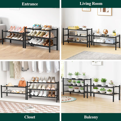 Smiry Bamboo Shoe Rack for Closet, 3 Tier Wooden Shoe Organizer, Stackable Wood Shoe Storage Shelf for Entryway, 14 Vertical Slats, One-piece Heavy-Duty Legs, 26.77"x11.02"x18.31", Natural