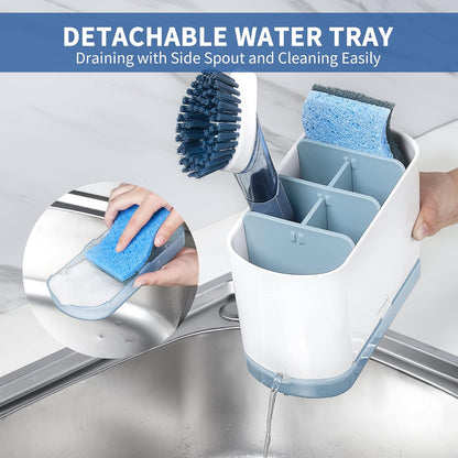 JOMOLA Dish Brush Caddy for Kitchen Sink Toothbrush Holders for Bathrooms Sink Sponge Holder Kitchen Counter Scrub Soap Brush Organizer Sinkware Caddy with Drain Tray Dividers (Blue)
