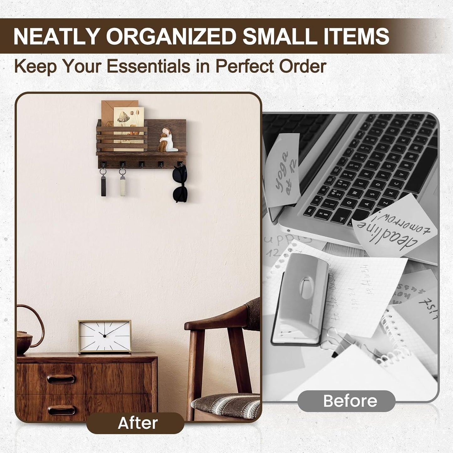 Key Holder Wall Mount, Mail Organizer for Wall with 5 Square Rustic Key Hooks Key Shelf Farmhouse Home Decor for Entryway