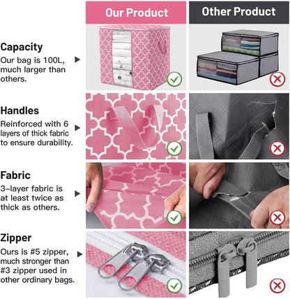 WISELIFE Storage Bags 3 Pack/100L Large Blanket Clothes Organization and Storage Containers for Comforters,Bedding, Foldable Organizer with Reinforced Handle, Clear Window, Sturdy Zippers,Gray