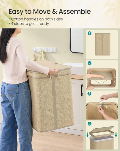 SONGMICS 3-Section Laundry Hamper With Lid, 44.9 Gal (170 L) Large Laundry Basket With 3 Removable Machine Washable Fabric Bag, Bamboo Clothes Hamper, Handles, for Bathroom, Natural Color ULCB069Y01