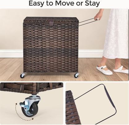 Wicker Laundry Hamper with Wheels and Lid, 3 Section Laundry Hamper with 3 Removable Liner Bags, 130L Laundry Basket with Metal Side Handles & 4 Mesh Laundry Bags, Rolling Clothes Hamper