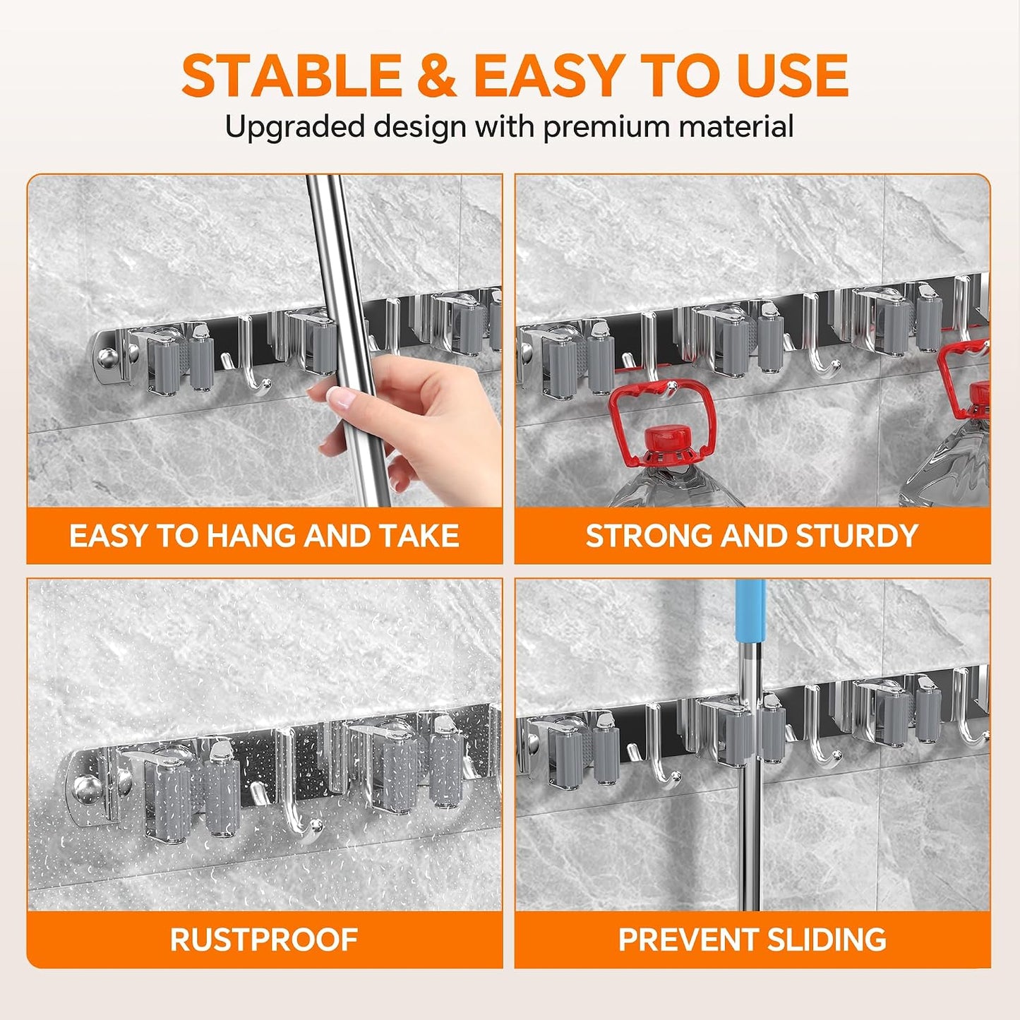 4 Pack Stainless Steel Mop and Broom Gripper with Hook, Screw Drilling or Self Adhesive Mop and Broom Holder Wall Mount, Storage Rack for Closet Laundry Garage Garden Tool Organizer, Silver