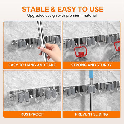 4 Pack Stainless Steel Mop and Broom Gripper with Hook, Screw Drilling or Self Adhesive Mop and Broom Holder Wall Mount, Storage Rack for Closet Laundry Garage Garden Tool Organizer, Silver