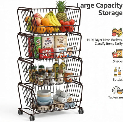 PUSDON 6-Tier Tall Stackable Wire Storage Baskets with Wheels, Vertical Metal Rolling Utility Cart, High Capacity Produce Basket for Kitchen Pantry, Snack Organizer, Matte Black