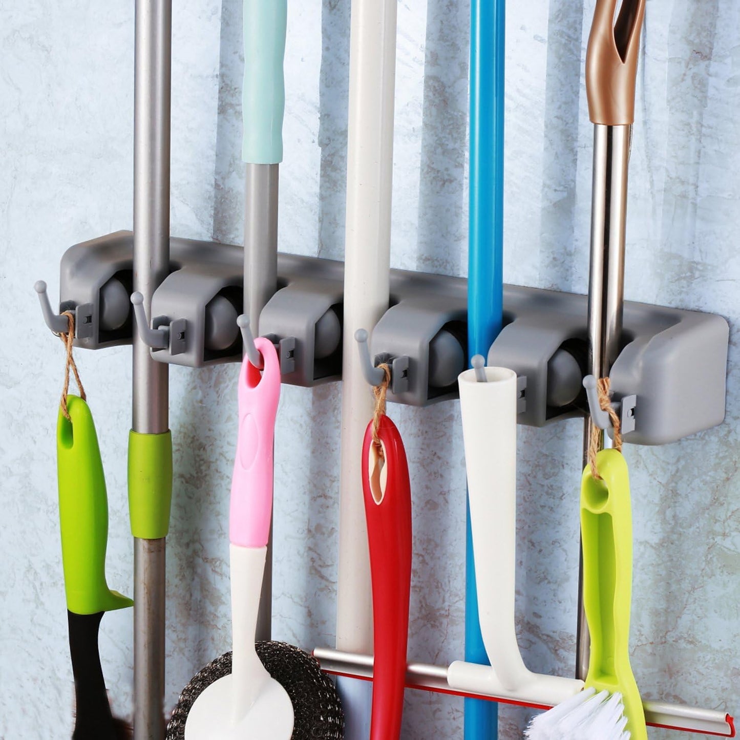 TOGU Mop and Broom Holder Wall Mounted 3 Position Storage Rack with 4 Retractable Hooks Holds up to 7 Tools Utility Weatherproof Holder for Garage Storage Systems Broom Organizer,Gray