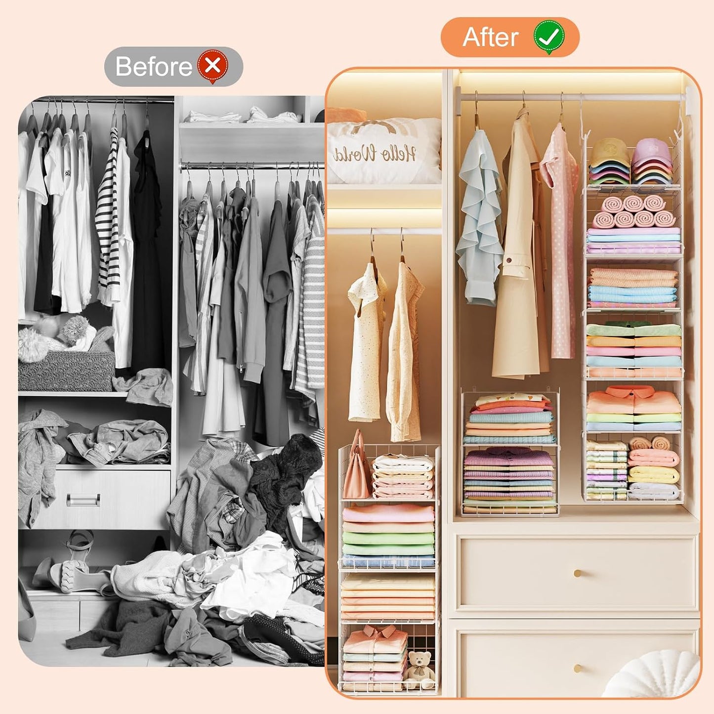 Yuyetuyo 5 Tier Closet Hanging Organizer and Storage Separable Hanging Closet Shelves with 4 Hooks 2 Adjustable Dividers, Wire Storage Basket Bins for Clothing Sweaters Socks Dolls Handbags, Foldable