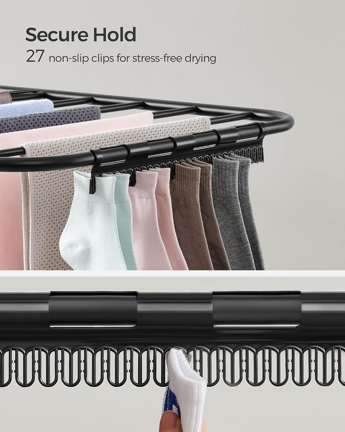 SONGMICS Clothes Drying Rack, with Sock Clips, Metal Laundry Rack, Foldable, Space-Saving, Free-Standing Airer, with 2 Height-Adjustable Gullwings, Indoor Outdoor Use, Gray ULLR052G01
