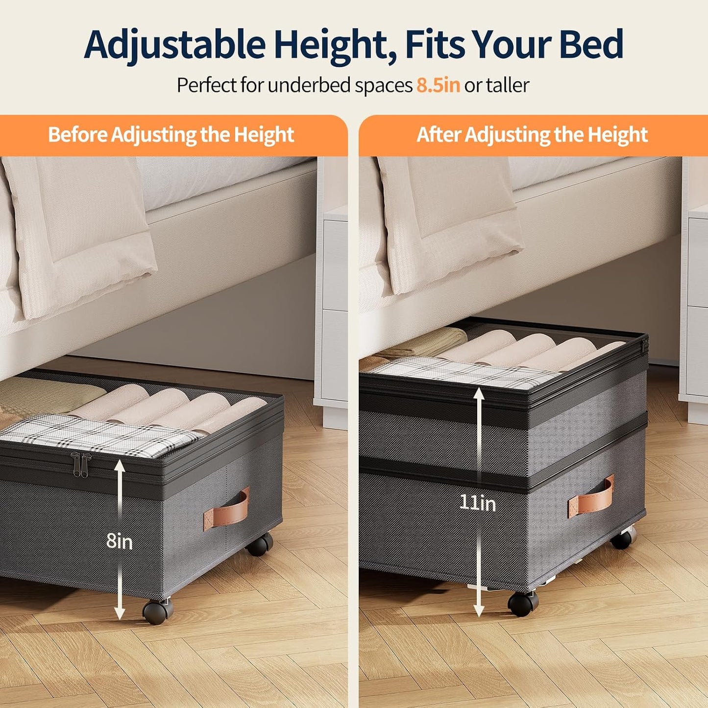 Yecaye 90L Under Bed Storage with Wheels, 8 in-11 in Height Adjustable Under Bed Storage Containers, Under Bed Shoe Storage with Lids & Label, Rolling Underbed Storage bins for Clothes, Toys, Grey