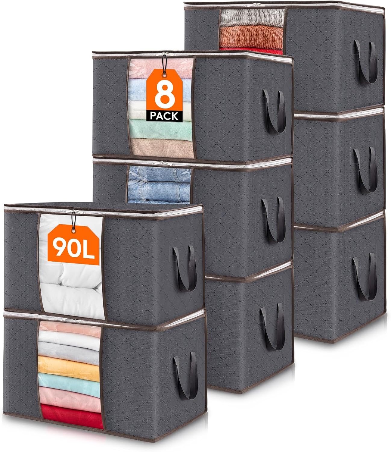Lifewit 3 Pack 90L Clothes Storage Bins with Lids, Foldable Blanket Storage Bags with Zippers, Clear Window and Reinforced Handles, Closet and Organization for Clothing, Sweater, Comforter, Bedding