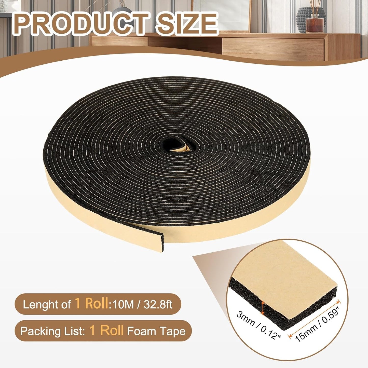 PATIKIL Foam Insulation Tape, 1-1/2" W x 1/8" t x 32.8FT Self Adhesive Weather Stripping Door Seal Strip for Door Window Air Conditioning, Black - Colors A
