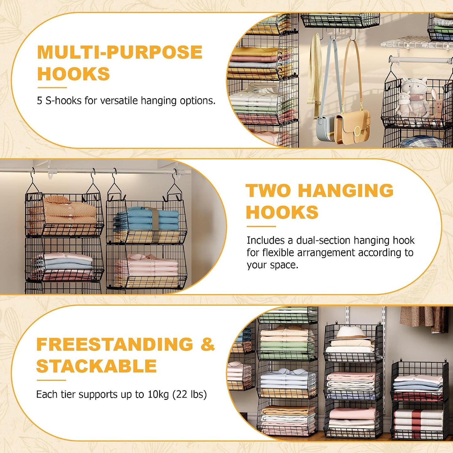 X-cosrack 3-Tier Hanging Closet Organizer, Laundry Room Organization | Space Saving Shelves with 1.65" Hook & 5 S-Hooks | Hanging Wire Baskets (12.4" W x 8.8" H x 10.24-11.8" D)