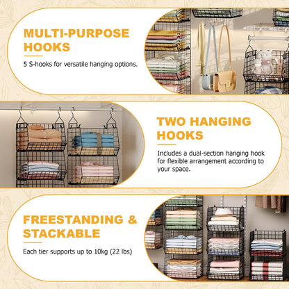 X-cosrack 3-Tier Hanging Closet Organizer, Laundry Room Organization | Space Saving Shelves with 1.65" Hook & 5 S-Hooks | Hanging Wire Baskets (12.4" W x 8.8" H x 10.24-11.8" D)