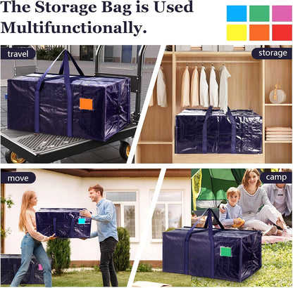 6 Pack Moving Bags Heavy Duty 210GSM with Full-Open Side Zipper, 93L 220lbs Waterproof Foldable Storage Totes for College Dorm Move-In, Moving Boxes Alternative & Home Organization, Blue